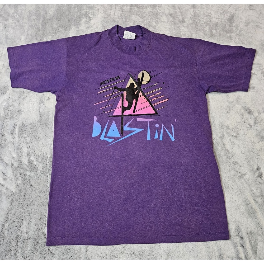 Vintage 80s Abstract Skiing T-Shirt Purple Men's Size Large Fits Like a Medium